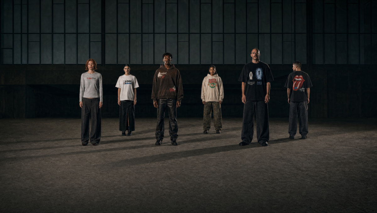 Brainrot Dept. Hubris collection editorial — six models in a warehouse.