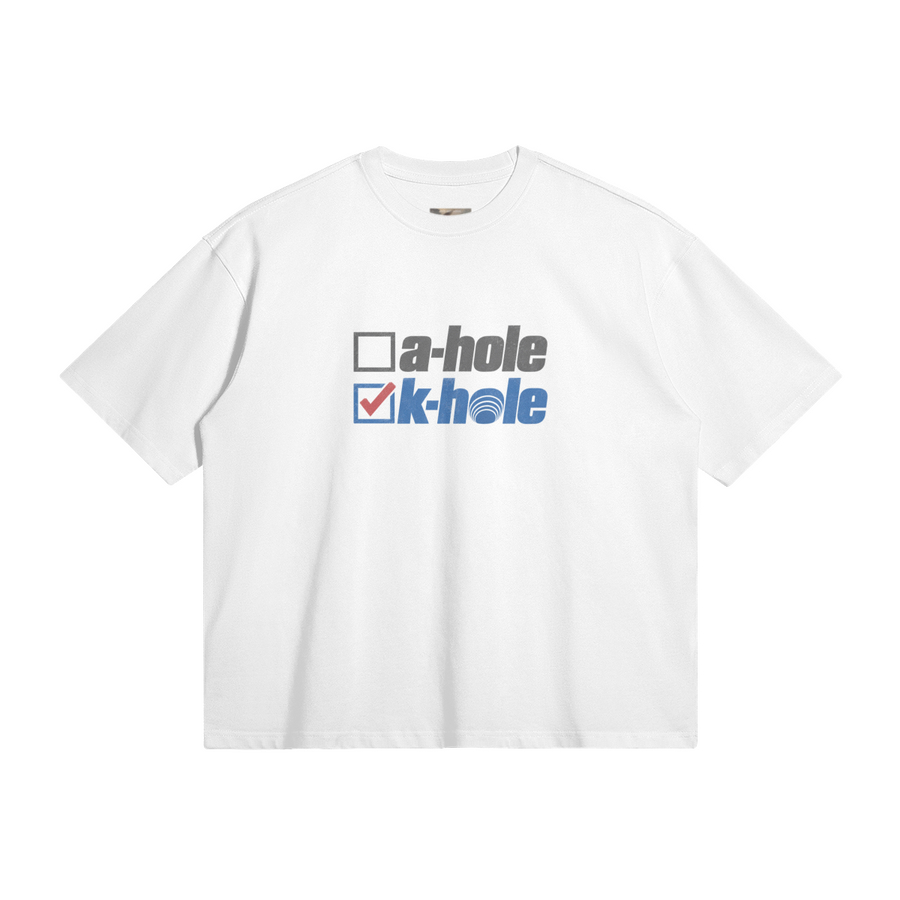 K-Hole T-Shirt in White by Brainrot Dept., front flat lay with two-line K-Hole graphic