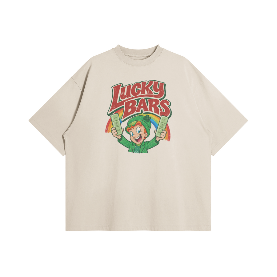 Lucky Bars T-Shirt in Moon Mist by Brainrot Dept., front flat lay with red and green Lucky Bars character graphic