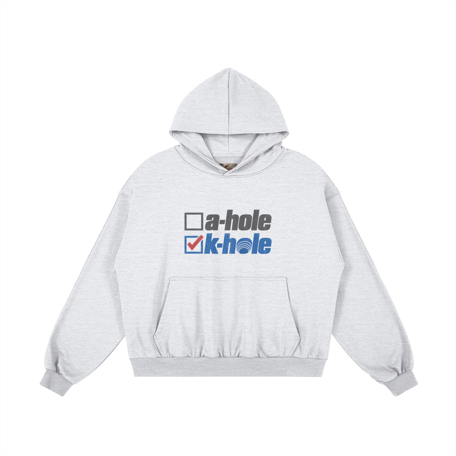 K-Hole Hoodie in Light Gray by Brainrot Dept., front flat lay with two-line K-Hole front graphic
