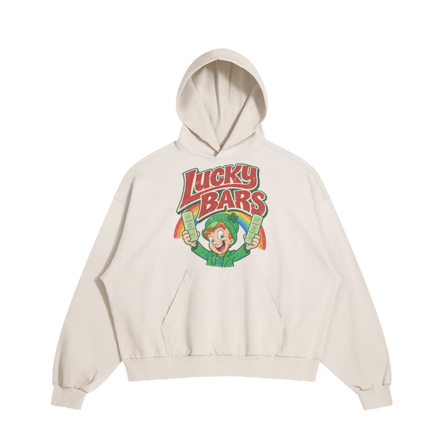 Lucky Bars Hoodie in Light Beige by Brainrot Dept., front flat lay with red and green Lucky Bars character graphic above the pocket