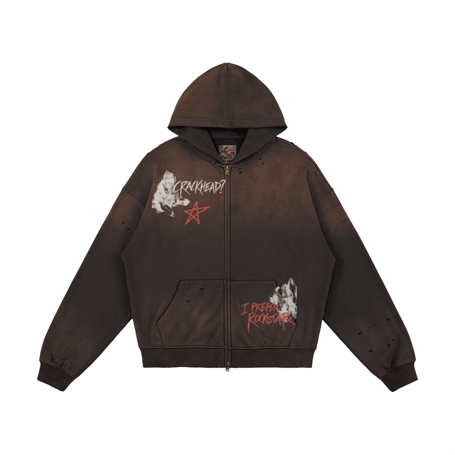 Rockstar Zip-Up in Dark Grey by Brainrot Dept., front flat lay with red and cream Rockstar lettering and rock artwork