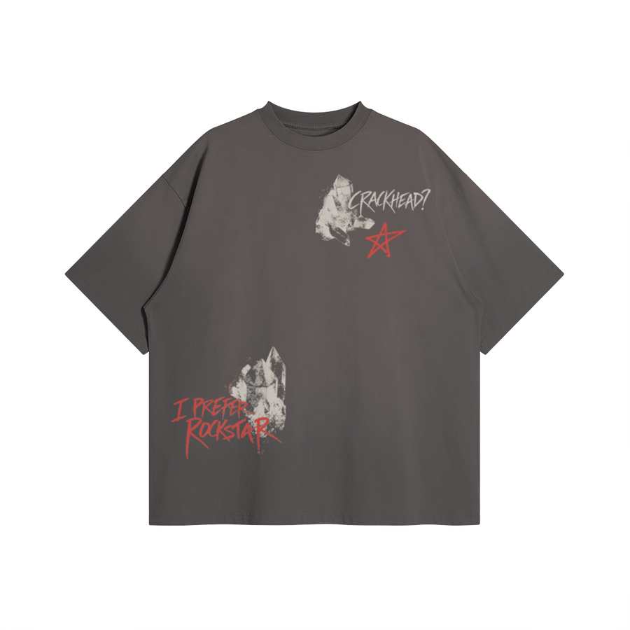 Rockstar T-Shirt in Smoky Gray by Brainrot Dept., front flat lay with red and cream Rockstar lettering, rock and star graphic