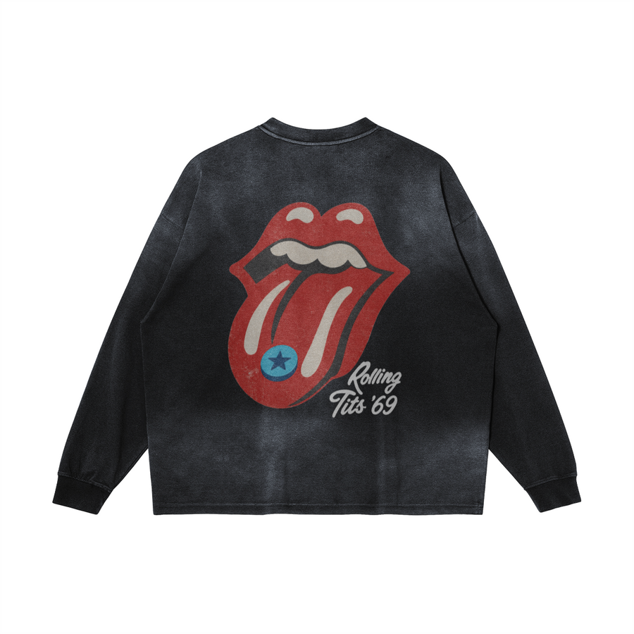 Rolling Tits Long Sleeve T-Shirt in Smoky Black by Brainrot Dept., back flat lay with red tongue graphic, blue pill and white Rolling Tits script