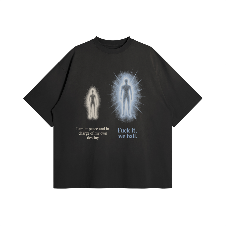 Aura T-Shirt in Black by Brainrot Dept., front flat lay with cream and blue figures and quotes