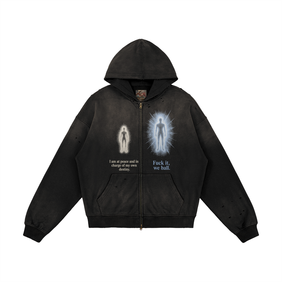 Aura Zip-Up in Black by Brainrot Dept., front flat lay with cream and blue figure-and-quote artwork
