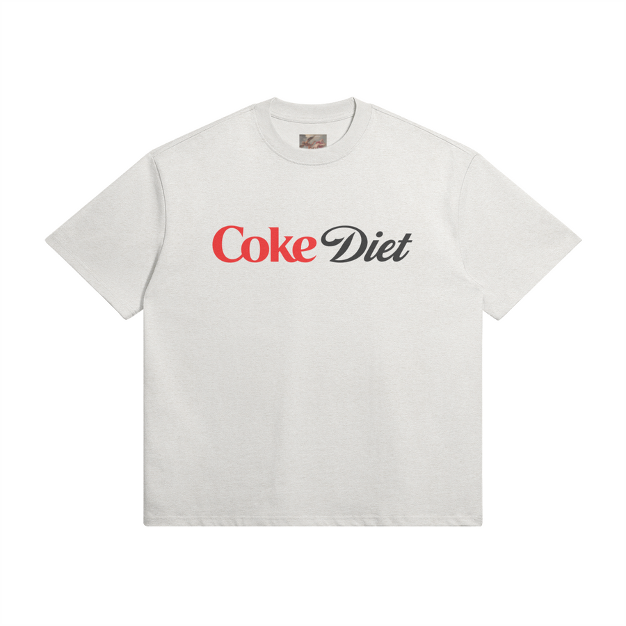 Coke diet T-Shirt in Heather Gray by Brainrot Dept., front flat lay with red Coke lettering and black diet script