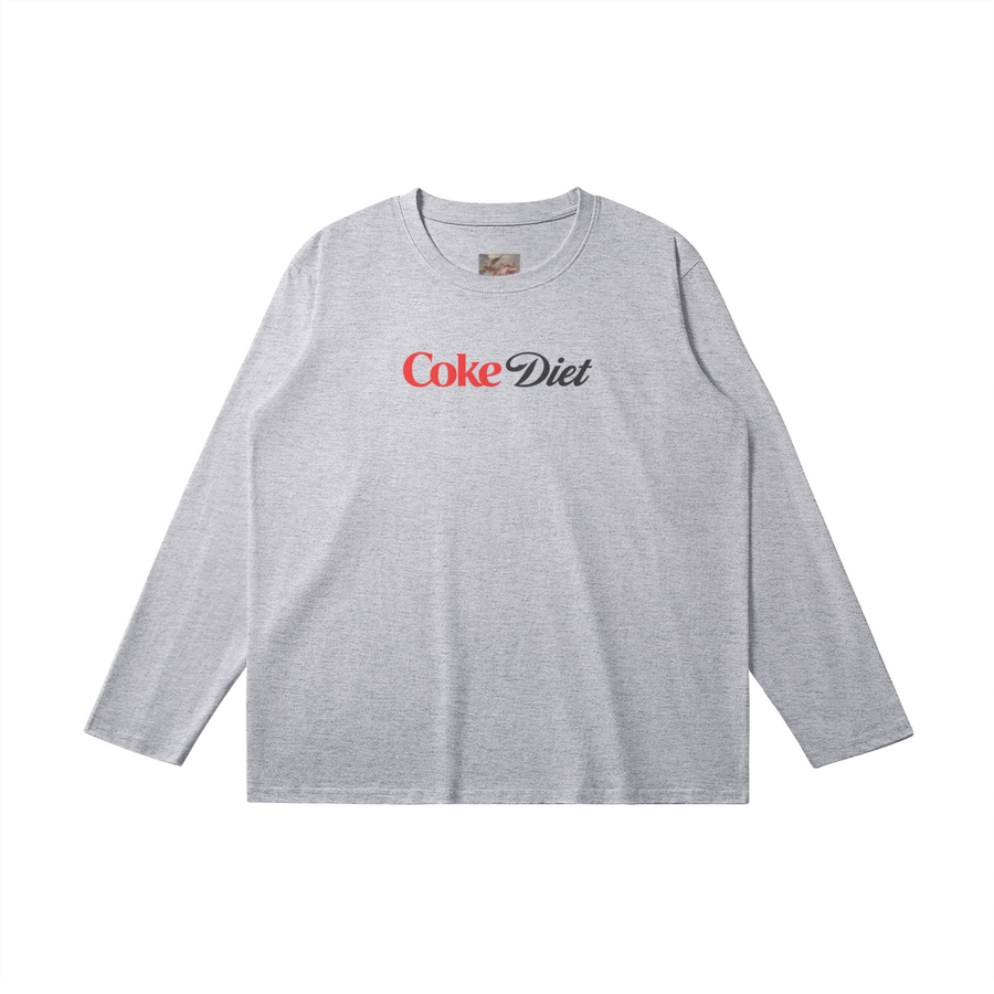 Coke diet Long Sleeve T-Shirt in Medium Heather Gray by Brainrot Dept., front flat lay with red Coke lettering and black diet script